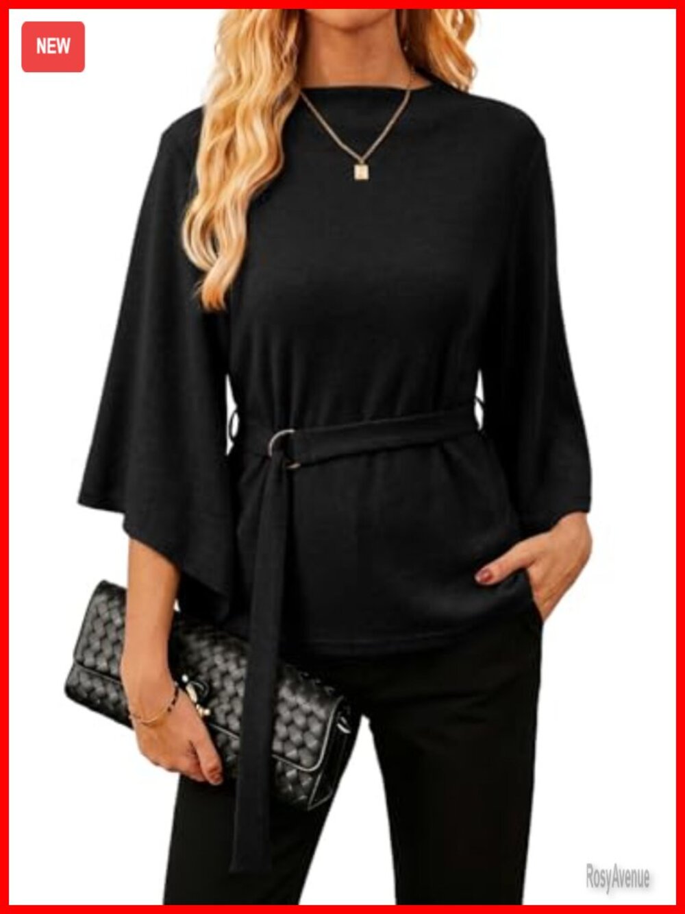 Womens 3/4 Sleeve Mock Neck Blouse with Ring Belt Dressy Casual Business Top